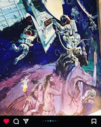 a painting of a spaceship with astronauts on it