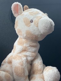 a stuffed giraffe sitting in the back seat of a car