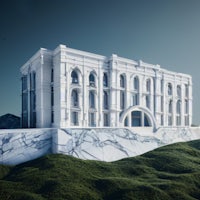 a 3d model of a white building on top of a hill