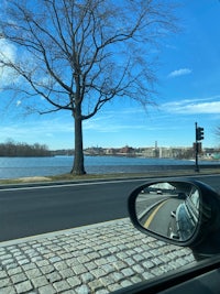 a car is driving down a road with a tree in the rear view mirror