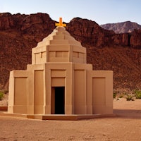 a small tan building in the middle of a desert